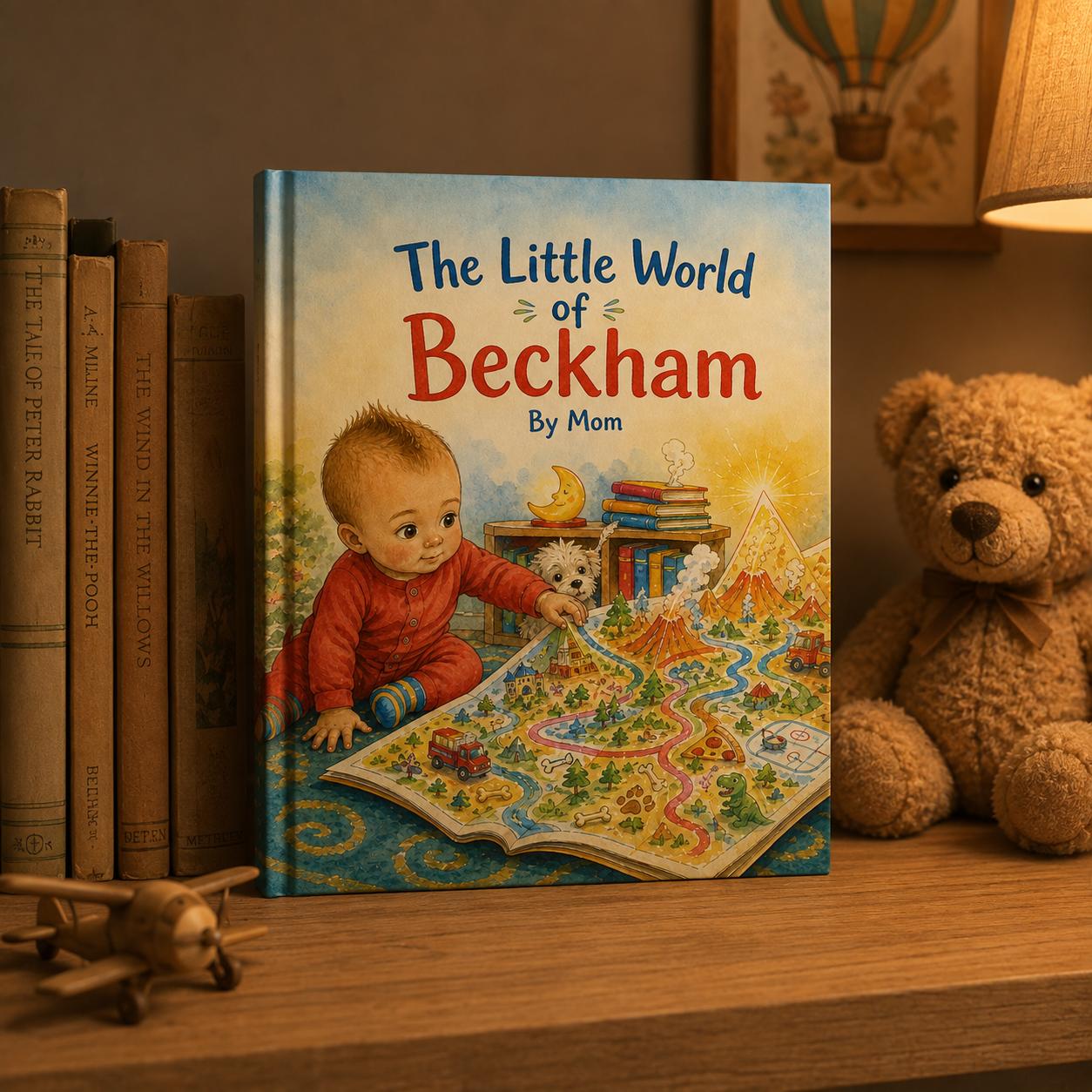 A shelf of hardcover storybooks including personalized books.