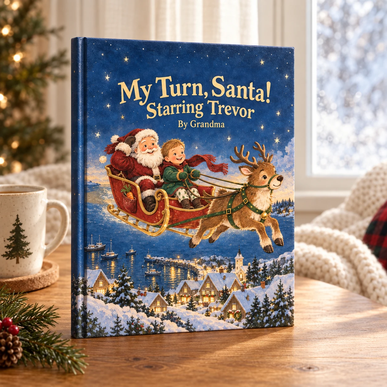 My Turn, Santa! Starring Trevor — styled mockup of the matte hardcover in warm window light