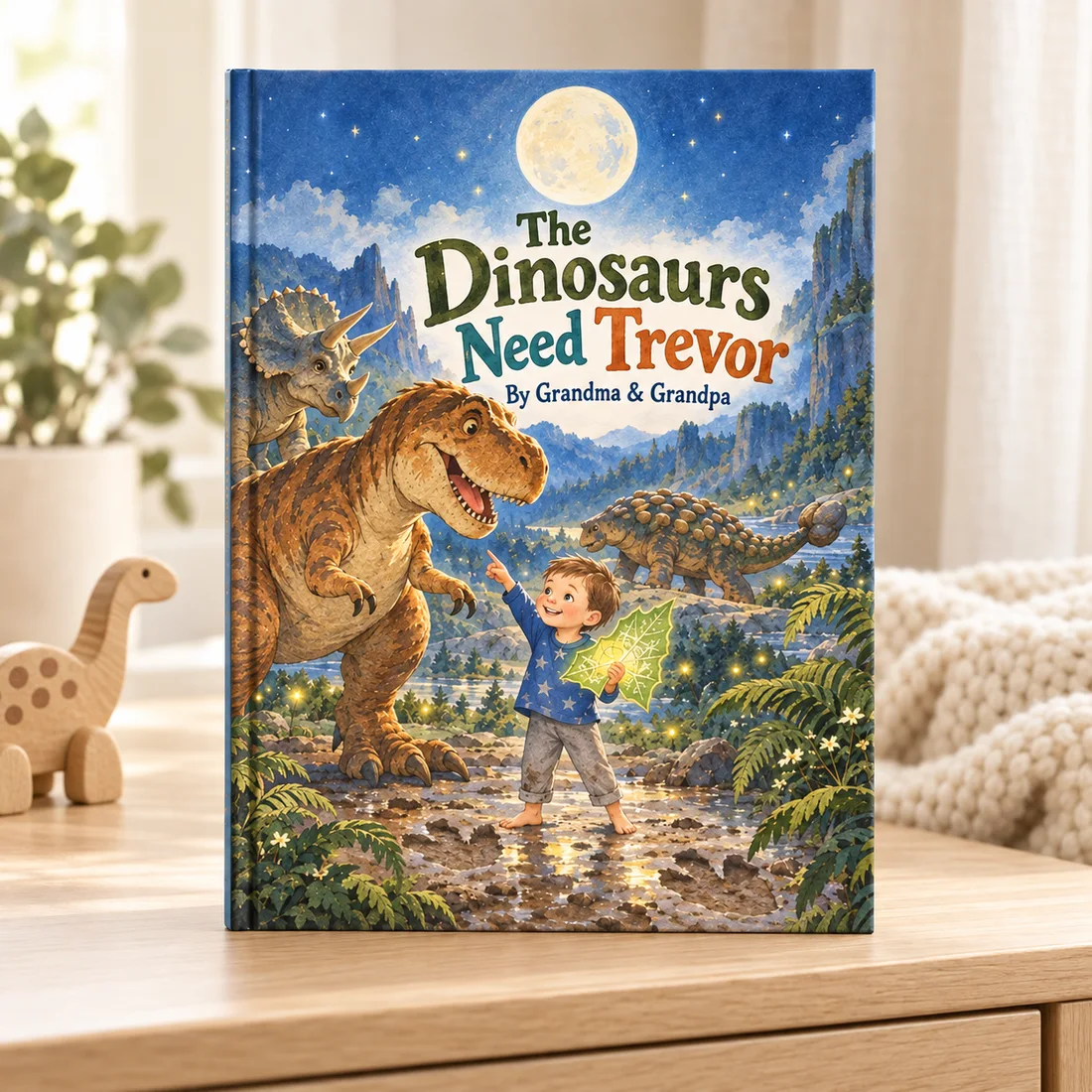 The Dinosaurs Need Trevor — styled mockup of the matte hardcover in a warm nursery