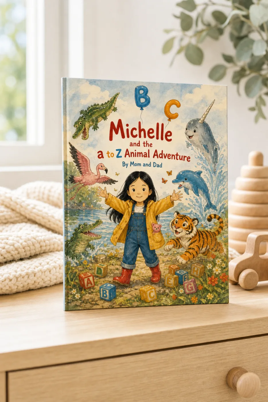 ABCs of You — a personalized Sundayfawn hardcover staged in a warm nursery