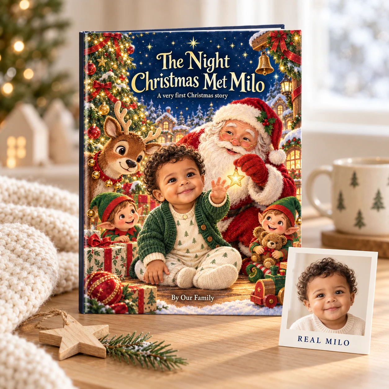 The Night Christmas Met Milo — styled mockup of the matte hardcover in warm Christmas light