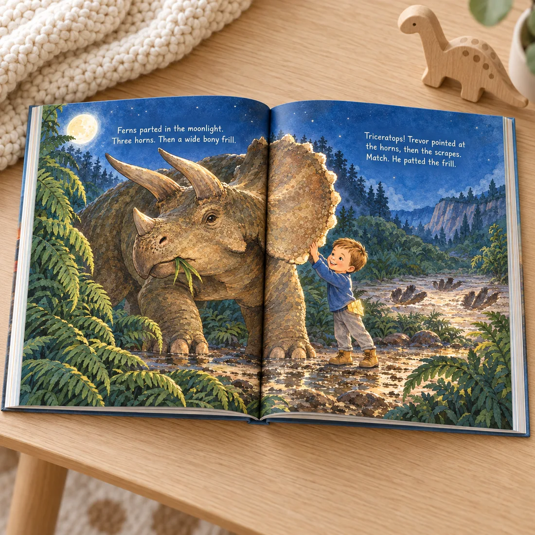 Trevor meets Triceratops — styled mockup of an actual illustrated story spread