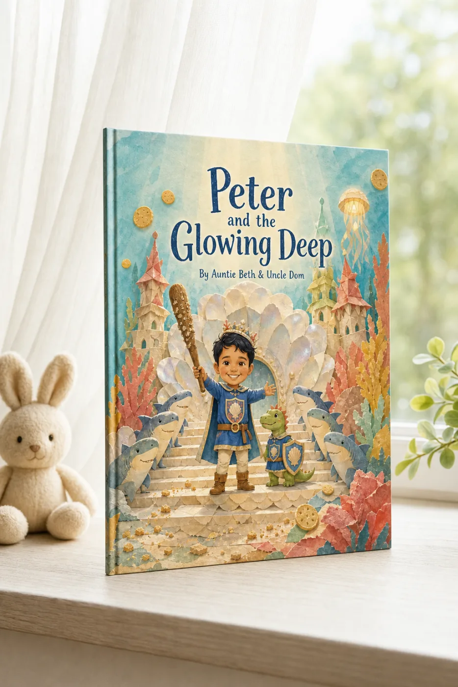 Secret Sea Beneath Your Bed — a personalized Sundayfawn hardcover staged in a warm nursery