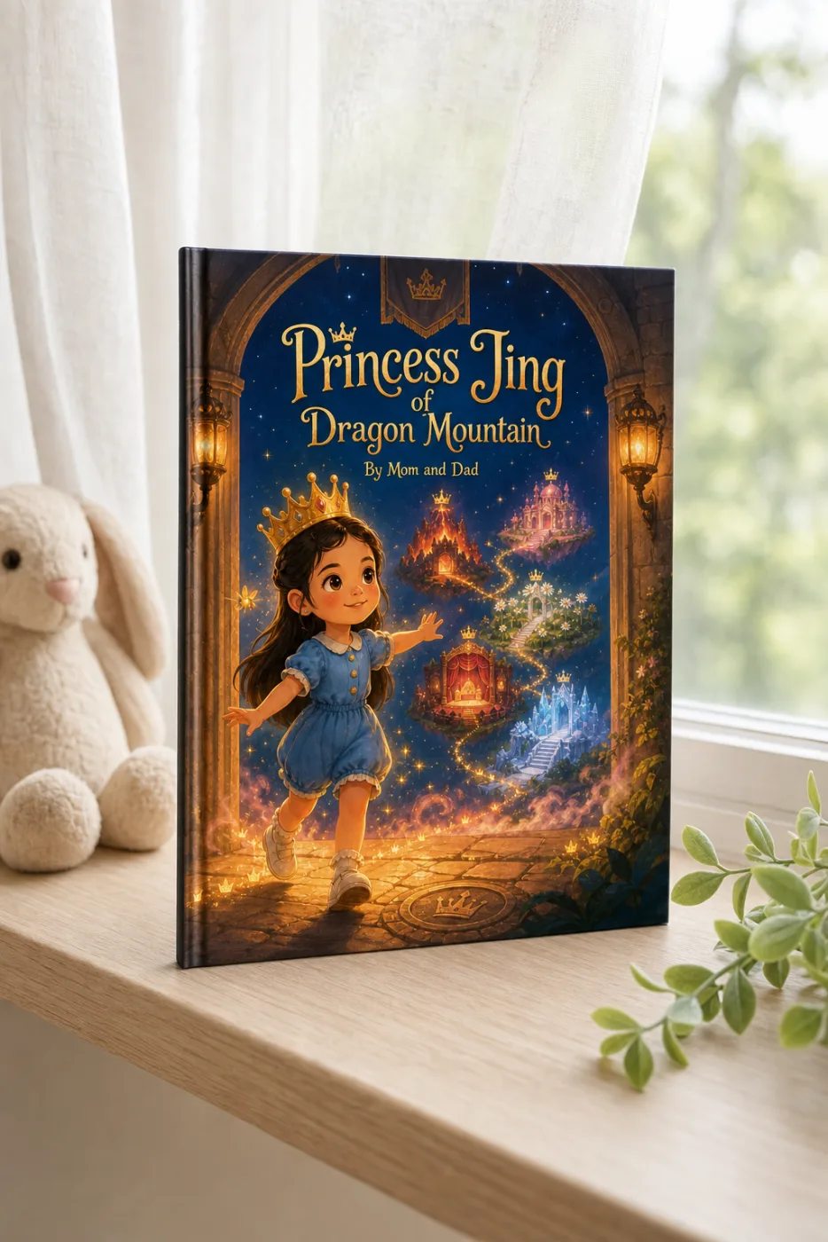 Princess & the Five Crowns — a personalized Sundayfawn hardcover staged in a warm nursery