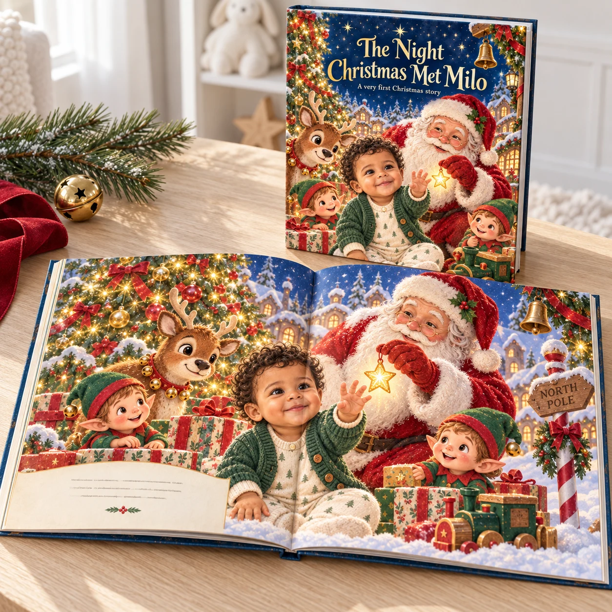 The Night Christmas Met Milo — styled mockup of an illustrated Christmas story spread