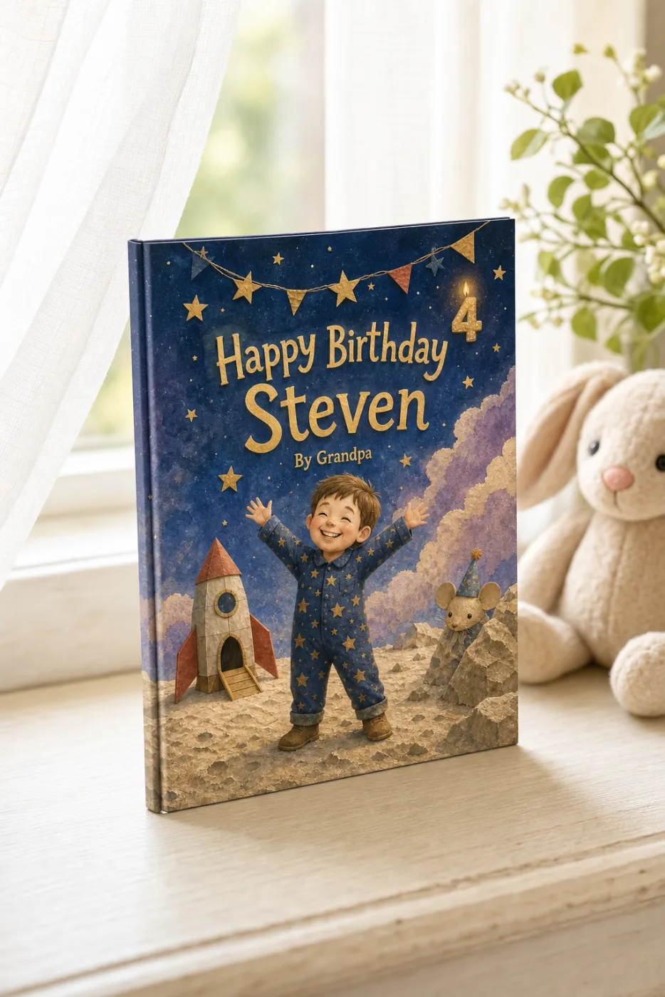 Birthday Parade — a personalized Sundayfawn hardcover staged in a warm nursery