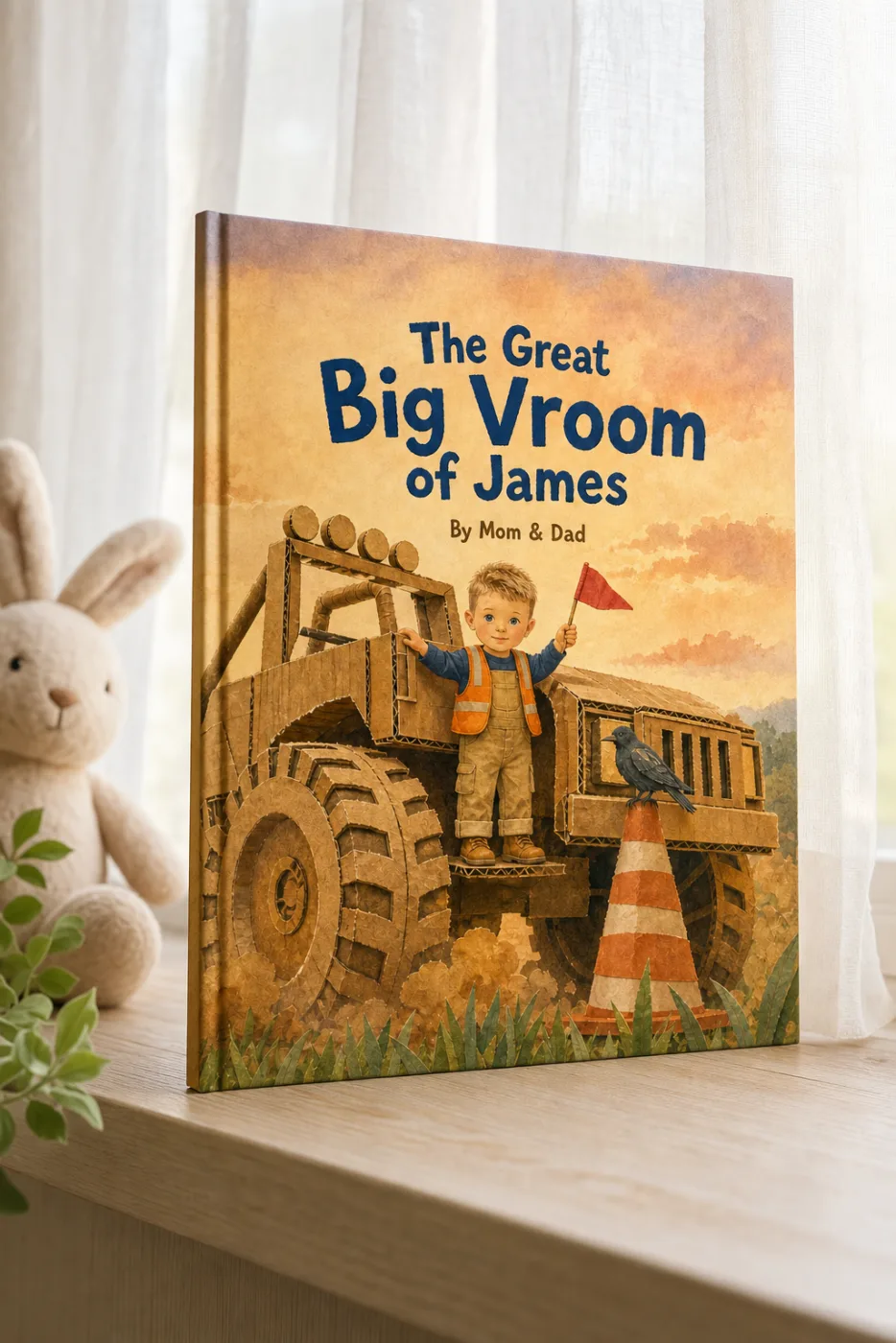 The Great Big Vroom — a personalized Sundayfawn hardcover staged in a warm nursery