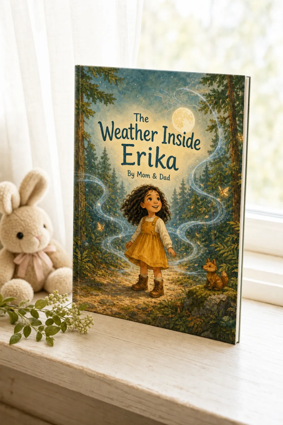 The Weather Inside You — a personalized Sundayfawn hardcover staged in a warm nursery