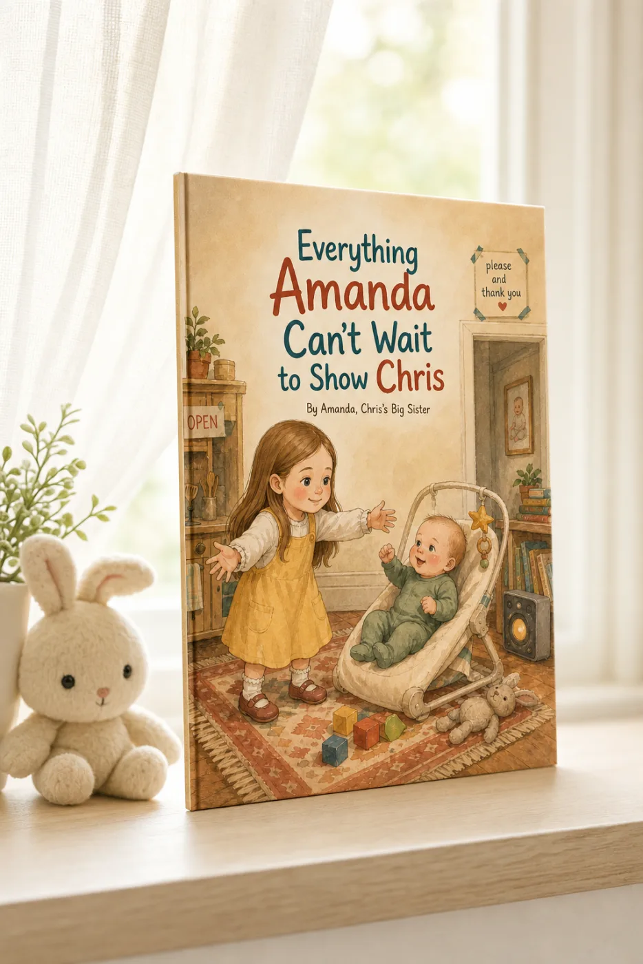 Everything I Can't Wait to Show You — a personalized Sundayfawn hardcover staged in a warm nursery