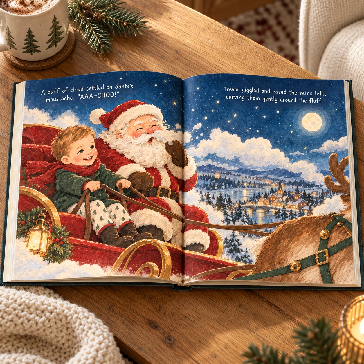 My Turn, Santa! Starring Trevor — styled mockup of an actual illustrated story spread