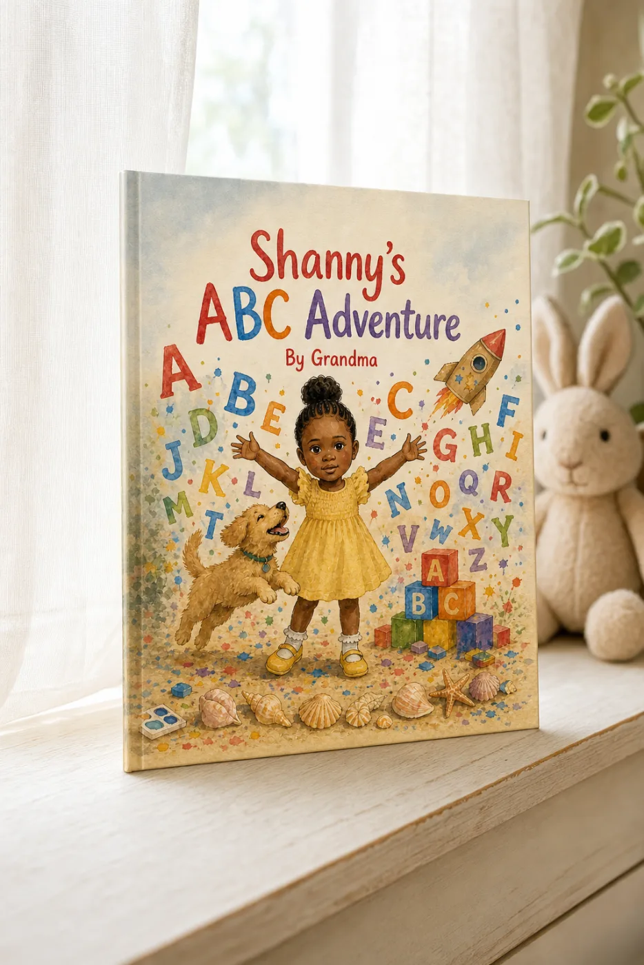 ABCs of You — a personalized Sundayfawn hardcover staged in a warm nursery