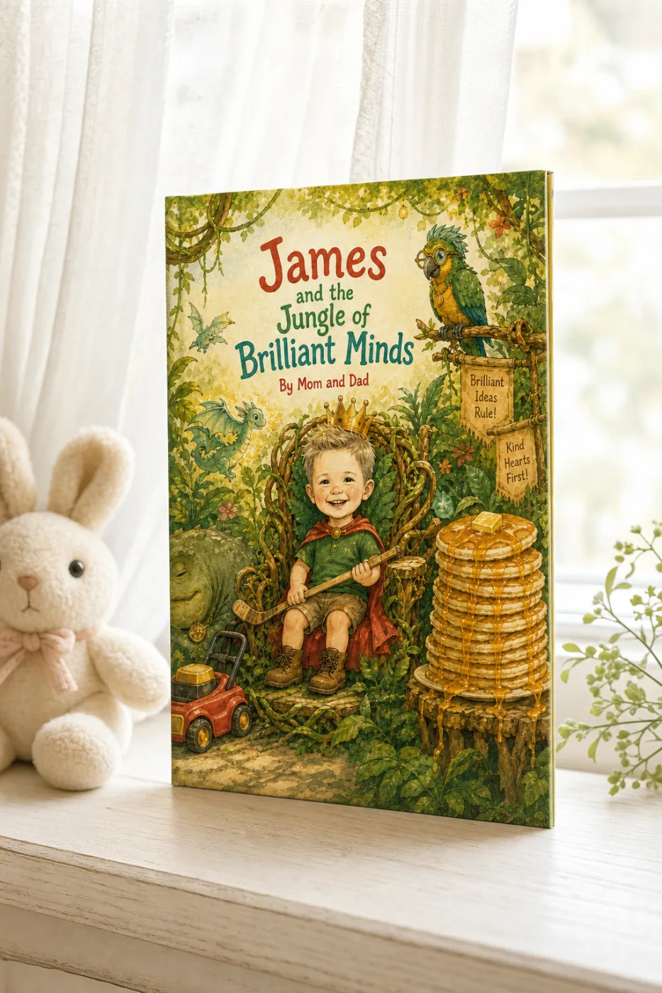 The Night the Jungle Moved In — a personalized Sundayfawn hardcover staged in a warm nursery