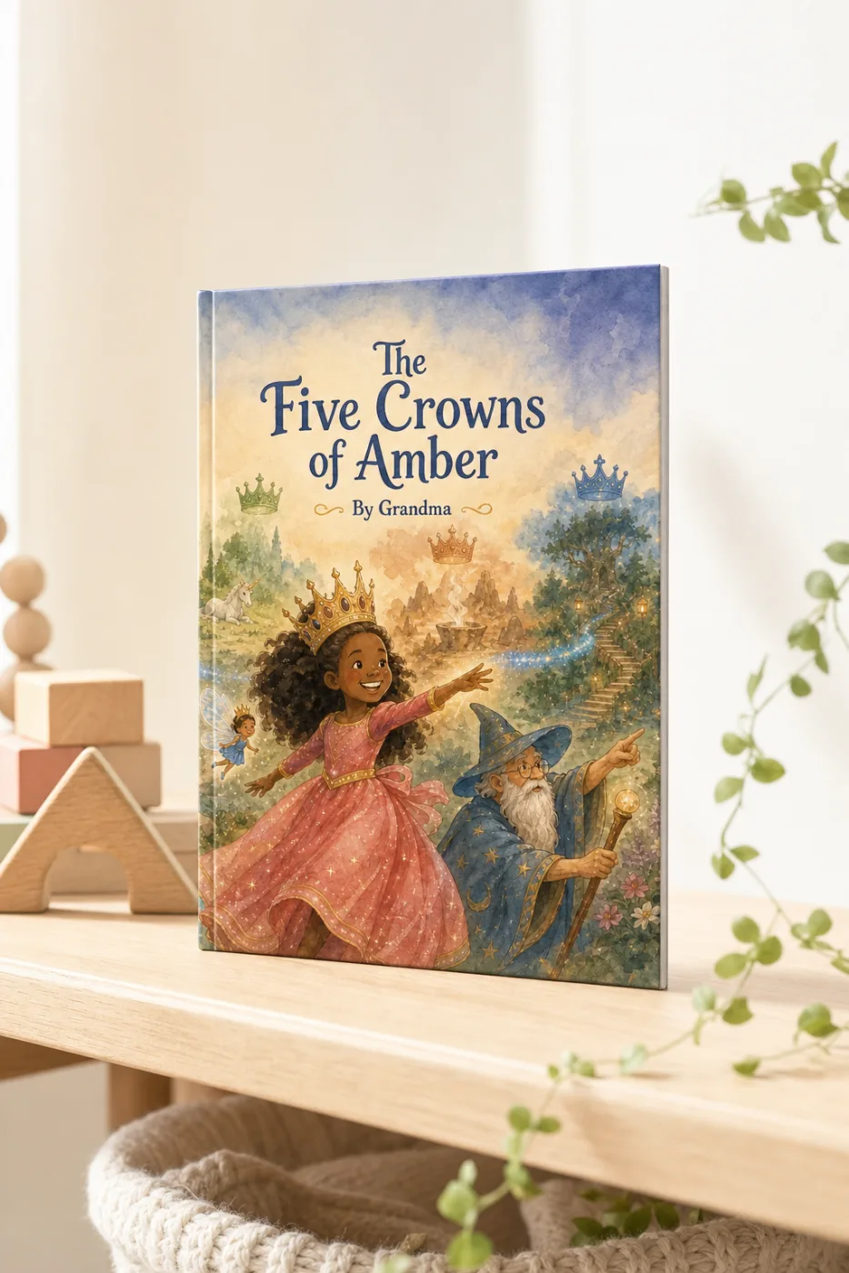 Princess & the Five Crowns — a personalized Sundayfawn hardcover staged in a warm nursery