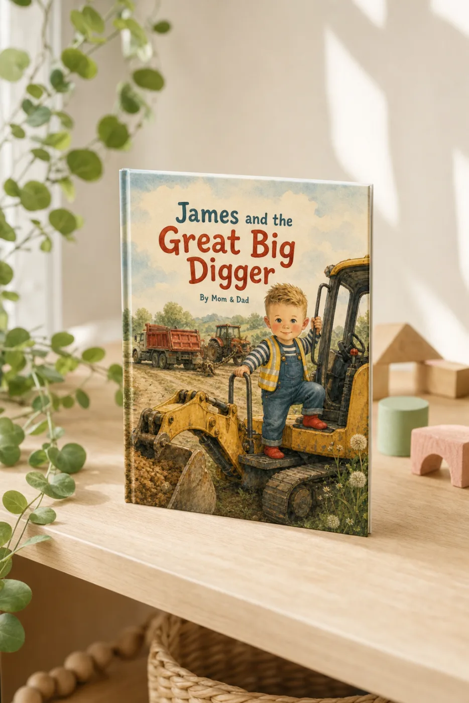 The Great Big Vroom — a personalized Sundayfawn hardcover staged in a warm nursery