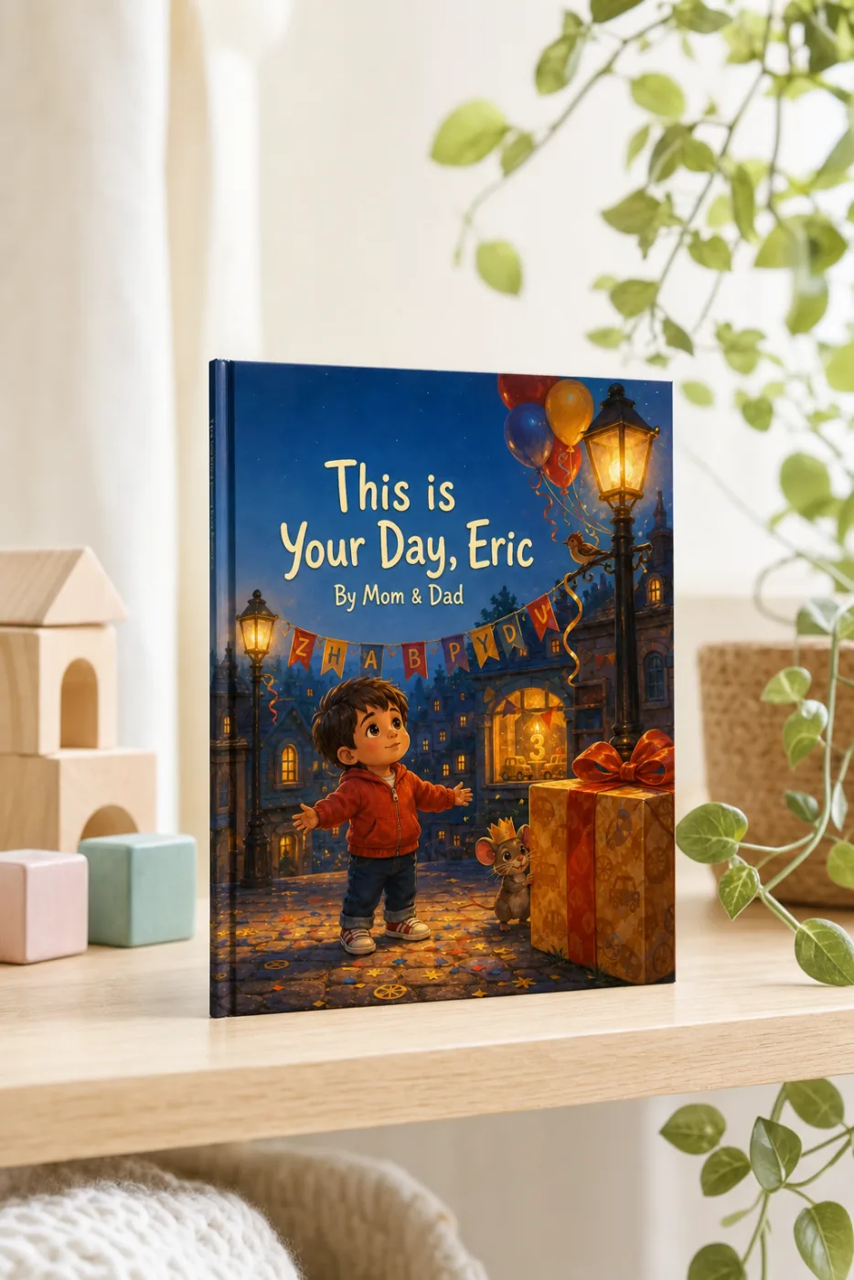 Birthday Parade — a personalized Sundayfawn hardcover staged in a warm nursery