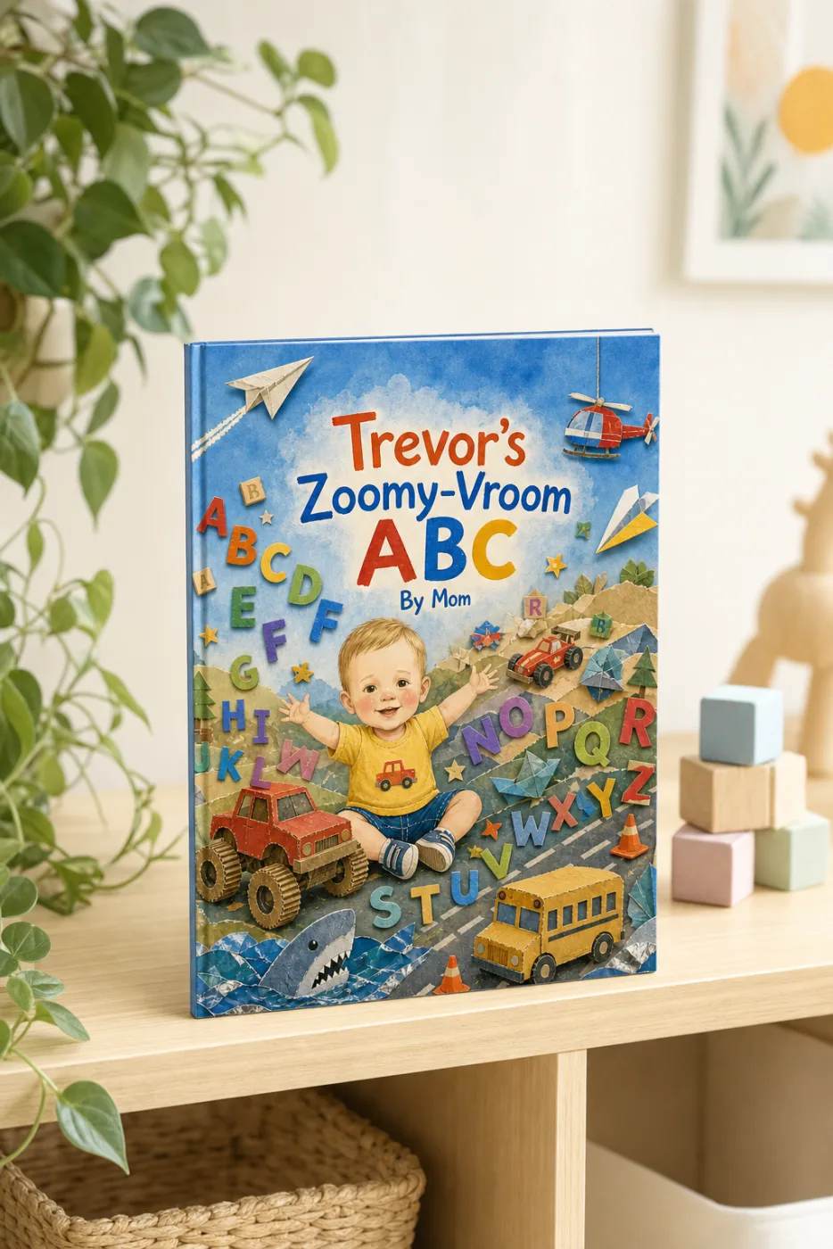 ABCs of You — a personalized Sundayfawn hardcover staged in a warm nursery