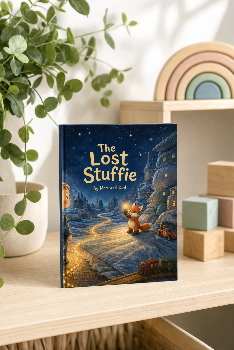 Lost Stuffie — a personalized Sundayfawn hardcover staged in a warm nursery