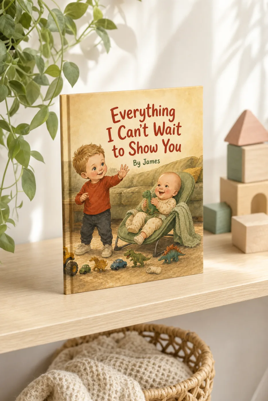 Everything I Can't Wait to Show You — a personalized Sundayfawn hardcover staged in a warm nursery
