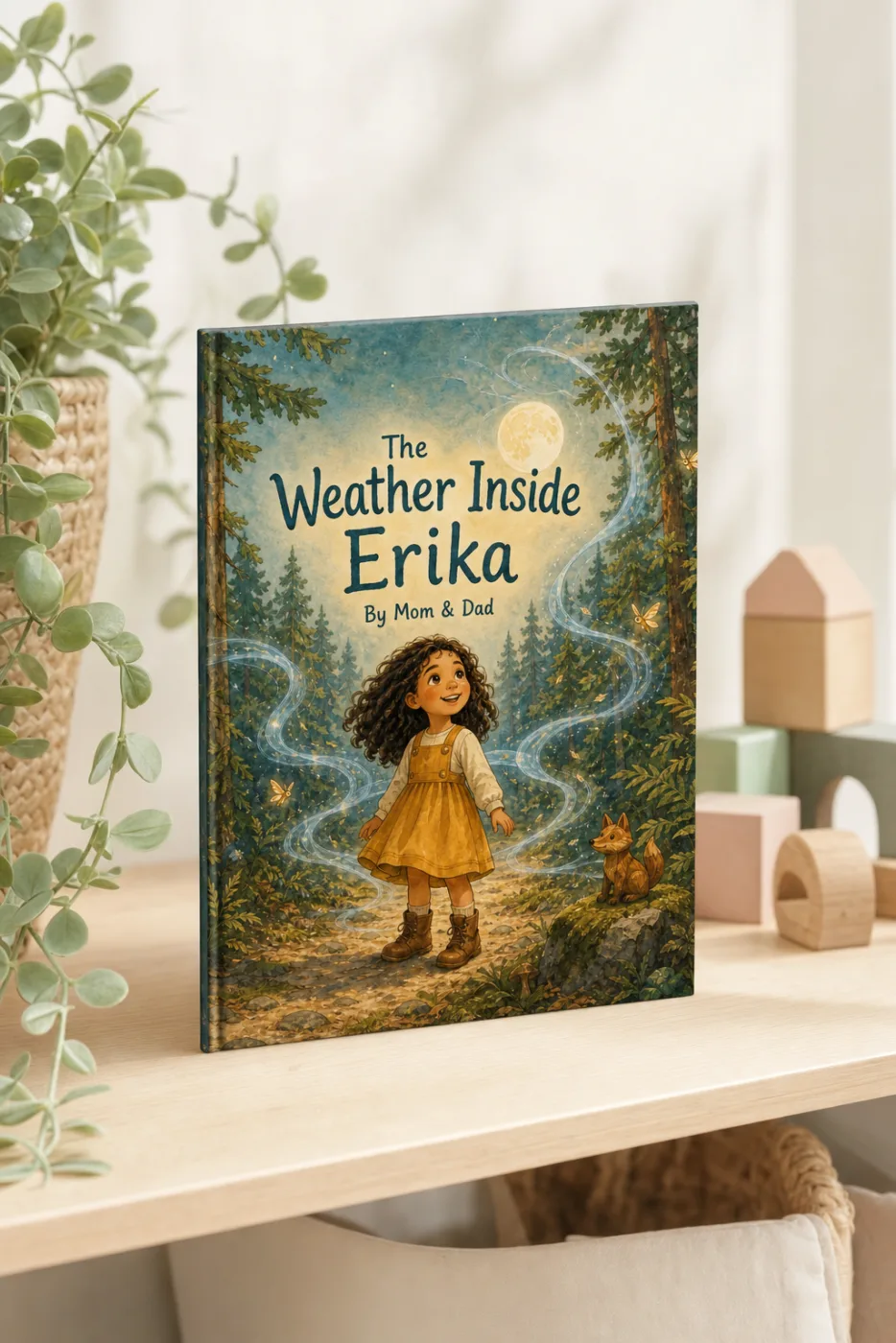 The Weather Inside You — a personalized Sundayfawn hardcover staged in a warm nursery