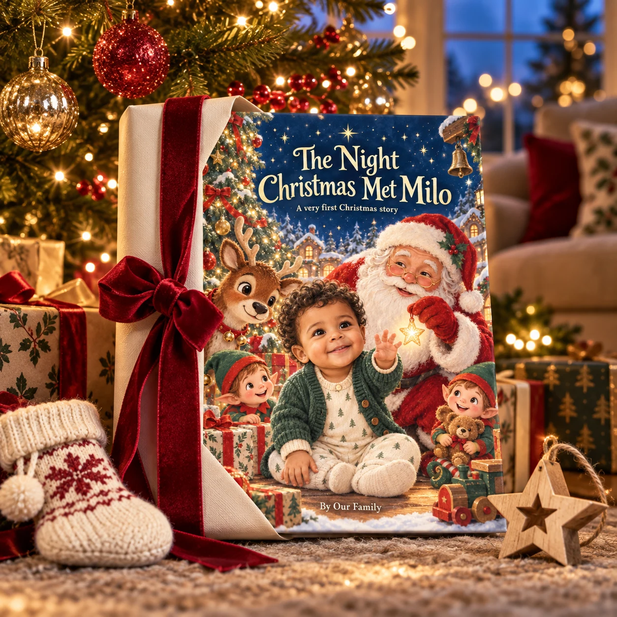 The Night Christmas Met Milo — styled Christmas gift mockup of the personalized hardcover