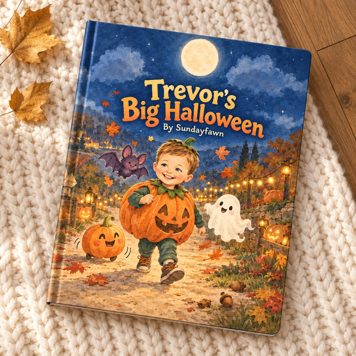 Trevor’s Big Halloween — styled mockup of the hardcover on an ivory knit blanket