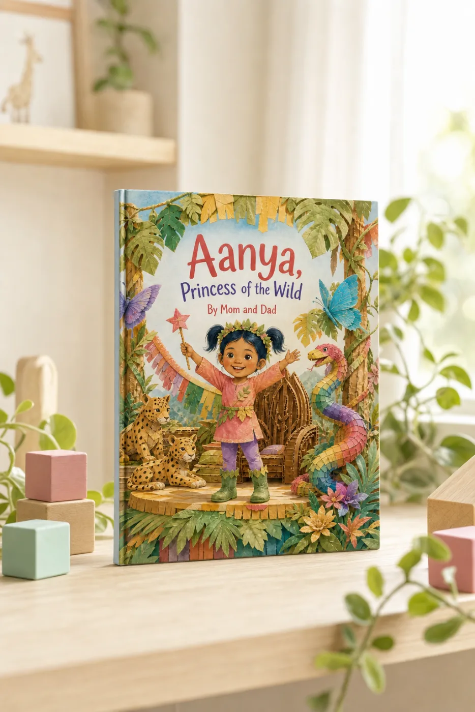 The Night the Jungle Moved In — a personalized Sundayfawn hardcover staged in a warm nursery