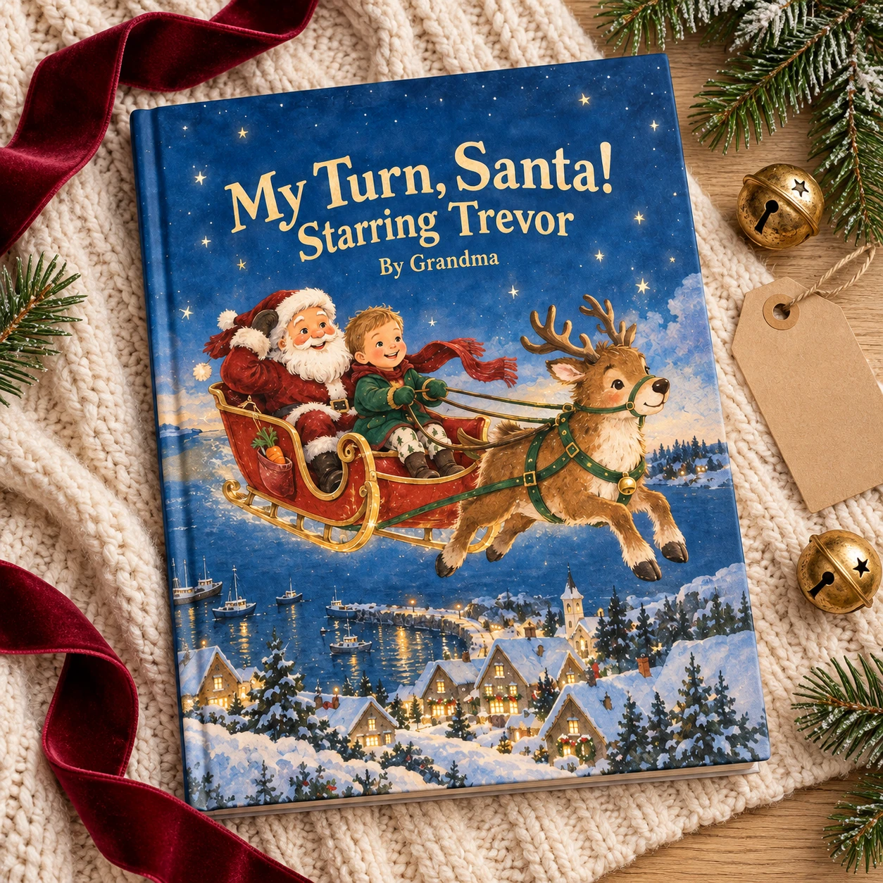 My Turn, Santa! Starring Trevor — styled mockup of the hardcover on an ivory knit blanket
