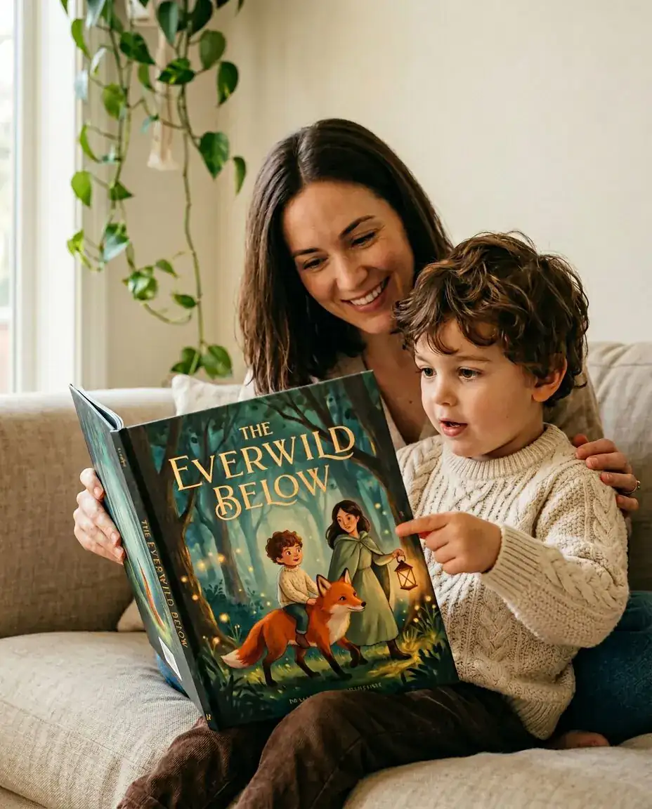 A young child looking closely at the character on the page of their custom storybook.