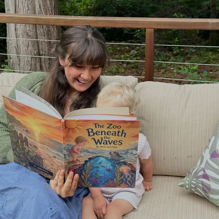 A three-year-old delighted by their personalized storybook, waving at the characters on the page.