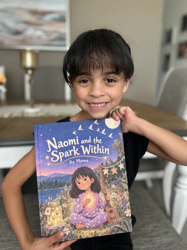 Naomi smiling with her printed Naomi and the Spark Within storybook