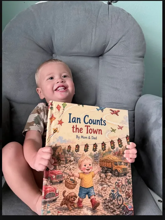 A toddler smiling with his personalized Sundayfawn storybook