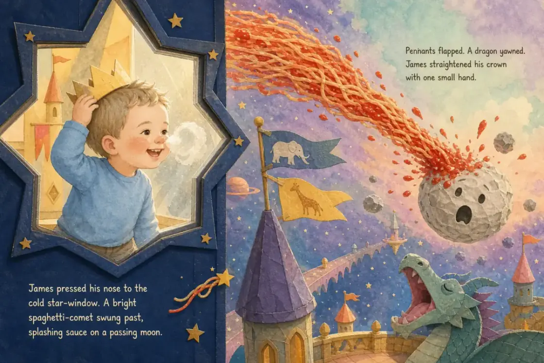An open personalized storybook spread with an illustrated child character based on family photos.