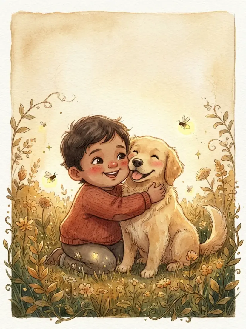 A child hugging their dog