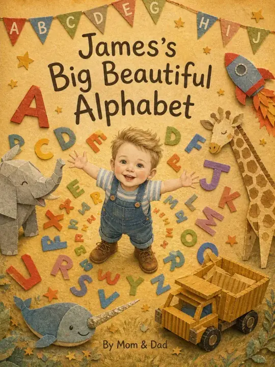 The front cover of a personalized baby storybook made for one child's arrival.