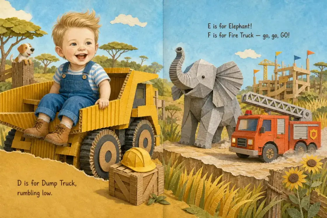 An open personalized storybook spread with custom illustration.