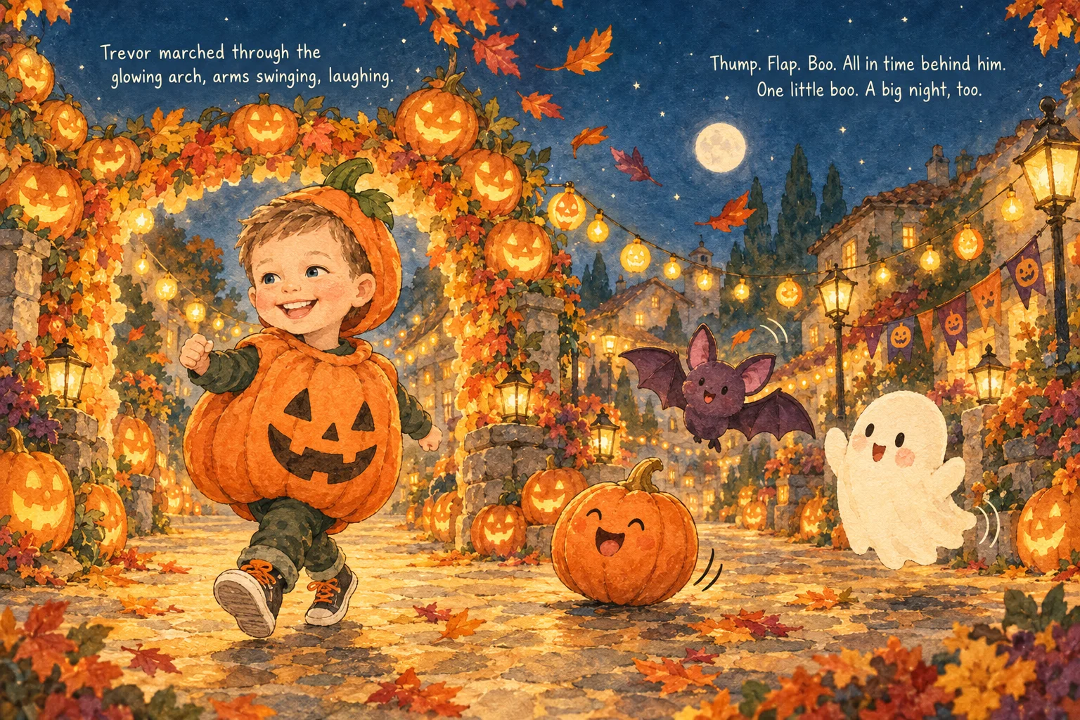 Trevor leads the Pumpkin Parade — actual illustrated story spread