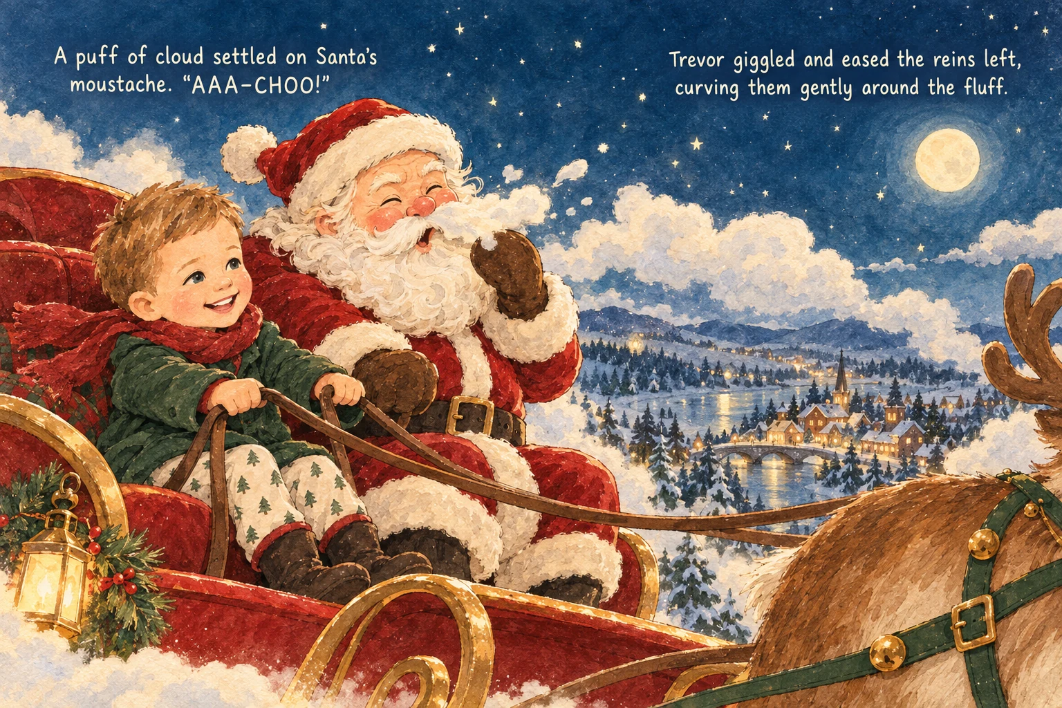 Trevor’s Christmas sleigh ride — actual illustrated story spread