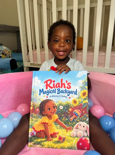 A smiling child holding Riah’s Magical Backyard in a pink chair