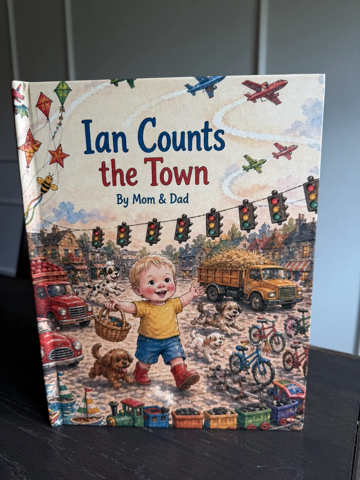 Photograph of the physical Ian Counts the Town cover, labelled By Mom & Dad