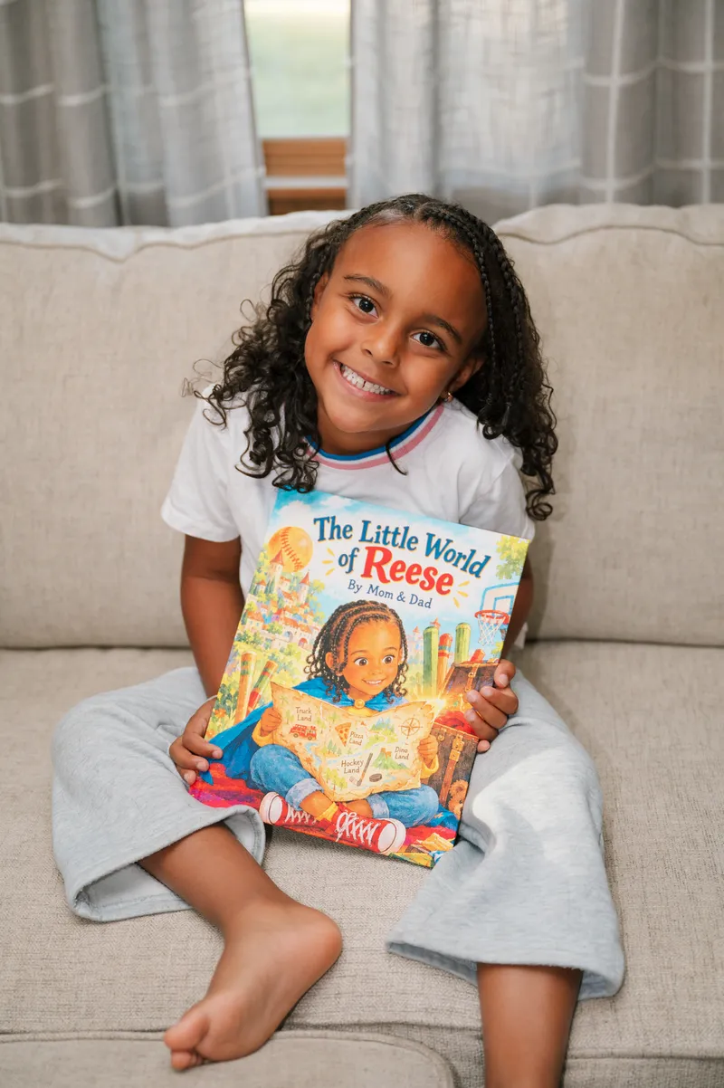 Reese holding her Sundayfawn storybook with her illustrated character on the cover.