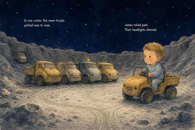 James drives past sleeping moon trucks in a finished illustrated spread from Drift Off, Little Dreamer
