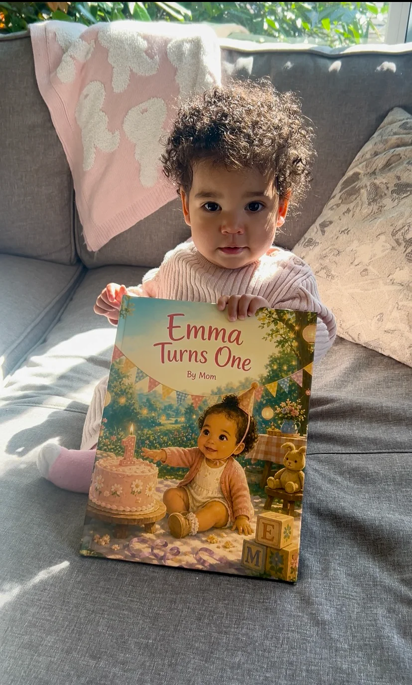 Emma holding her printed Emma Turns One birthday book