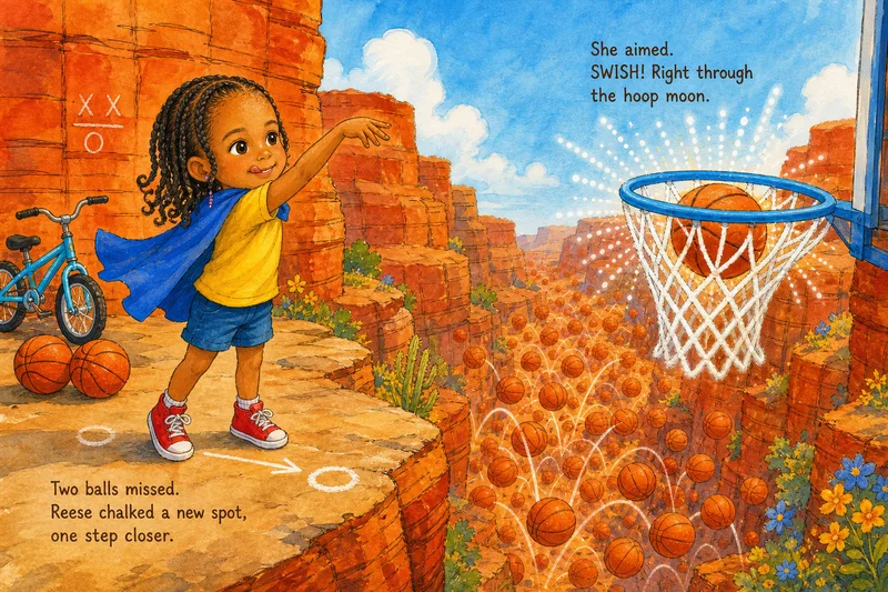Finished Reese story spread: Reese practices shooting a basketball into a hoop above an orange canyon