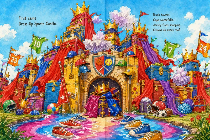 Finished Reese story spread: a colorful castle with cape waterfalls, jersey flags and crowns