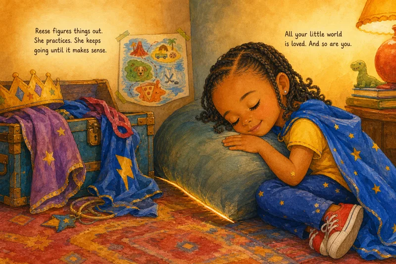 Final Reese story spread: Reese rests beside her folded map, with words about practicing and being loved