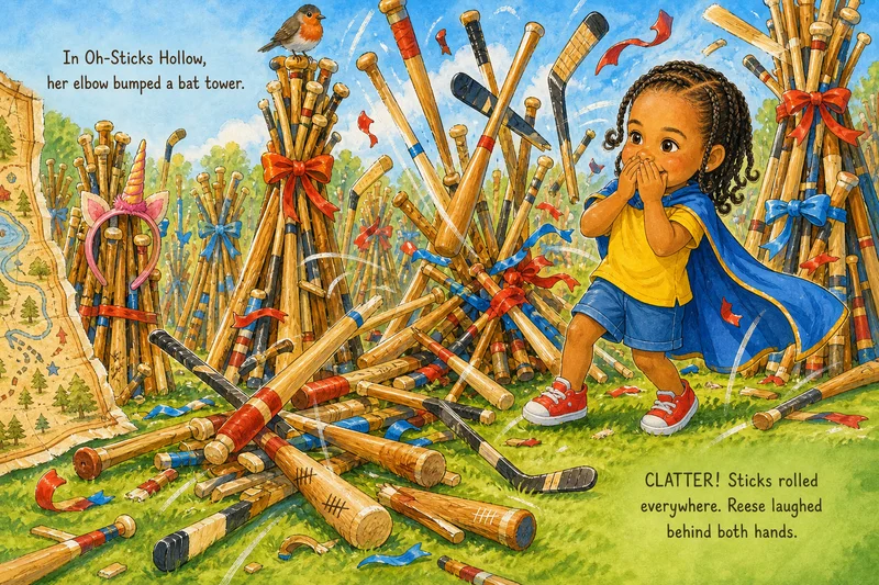 Finished Reese story spread: Reese laughs beside toppled bat towers in Oh-Sticks Hollow