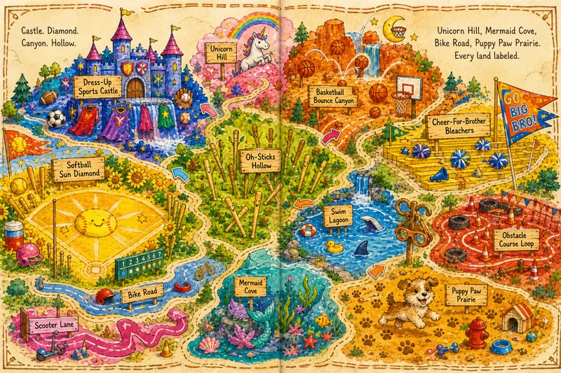 Reese’s finished illustrated map, including Dress-Up Sports Castle, Softball Sun Diamond, Basketball Bounce Canyon and Oh-Sticks Hollow