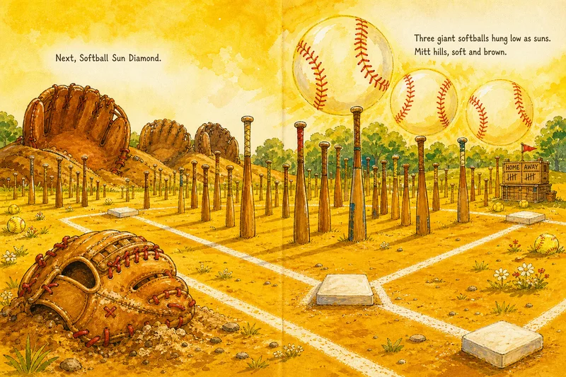 Finished Reese story spread: giant softball suns above a diamond surrounded by mitt-shaped hills