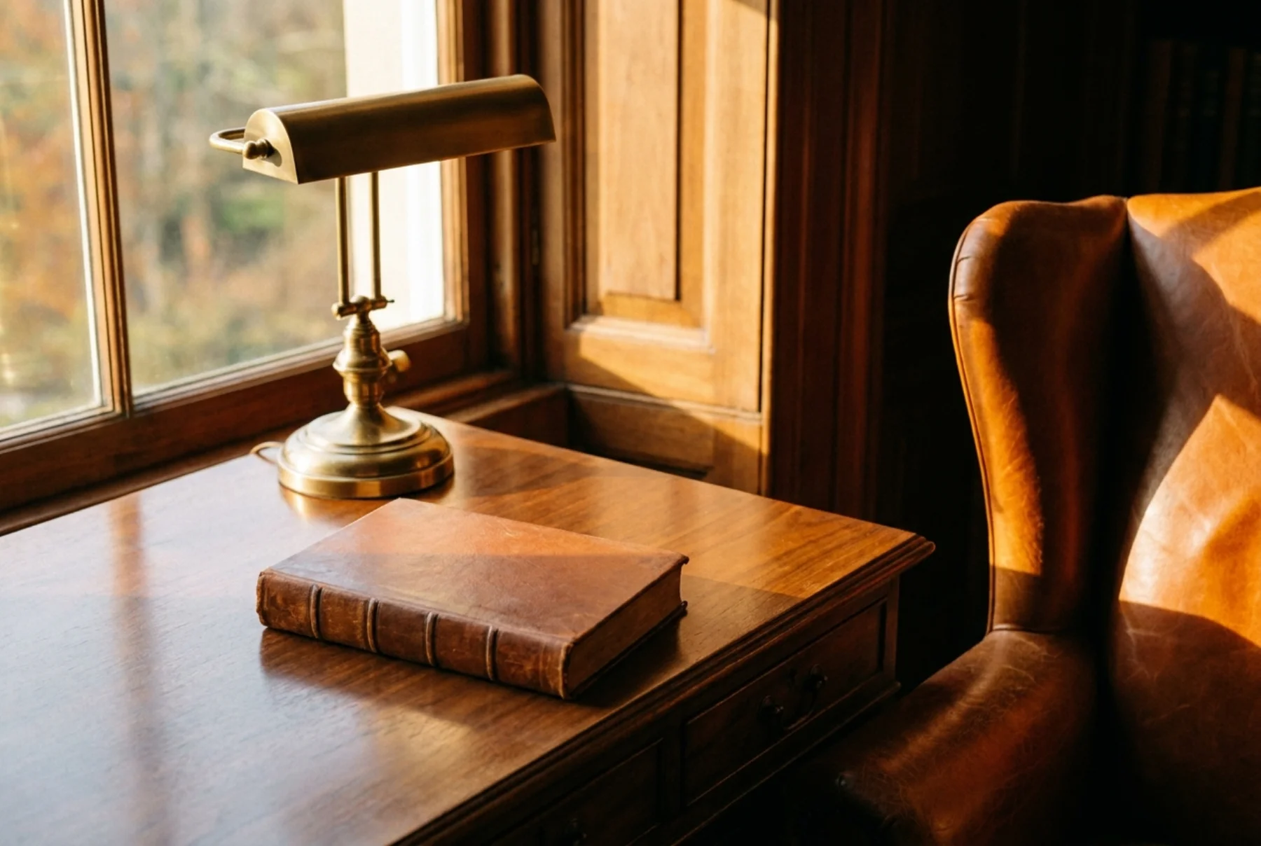 A foil-stamped navy hardcover keepsake storybook on a linen-set table beside a small glass of wine and an opened letter — a quiet 50th birthday gift idea.
