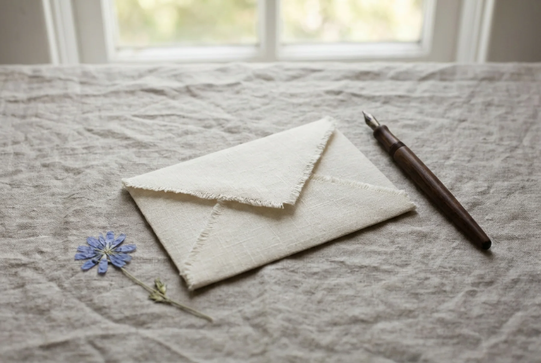 An open handwritten letter to mom resting beside a navy hardcover keepsake storybook on a linen table.